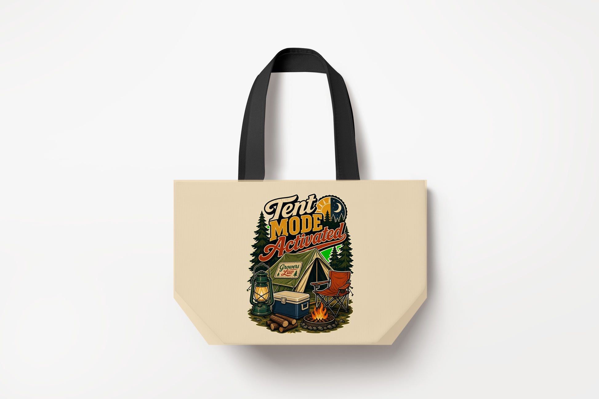 Tent Mode Activated Large Natural Tote Bag product mockup on natural tote bag