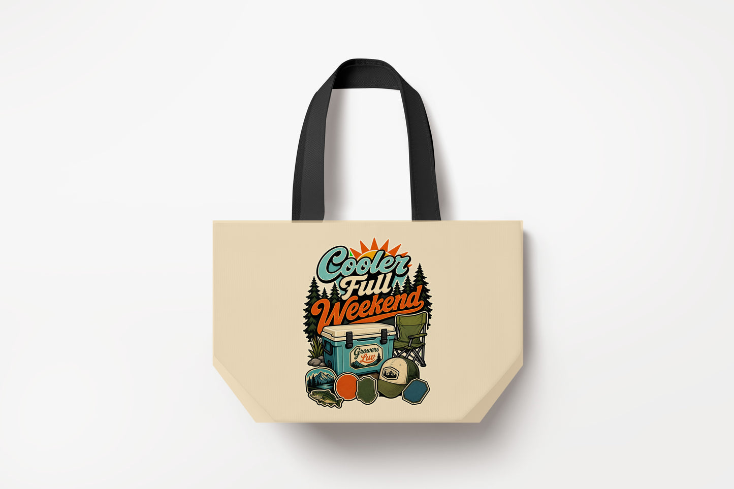 Cooler Full Weekend Large Natural Tote Bag product mockup on natural tote bag