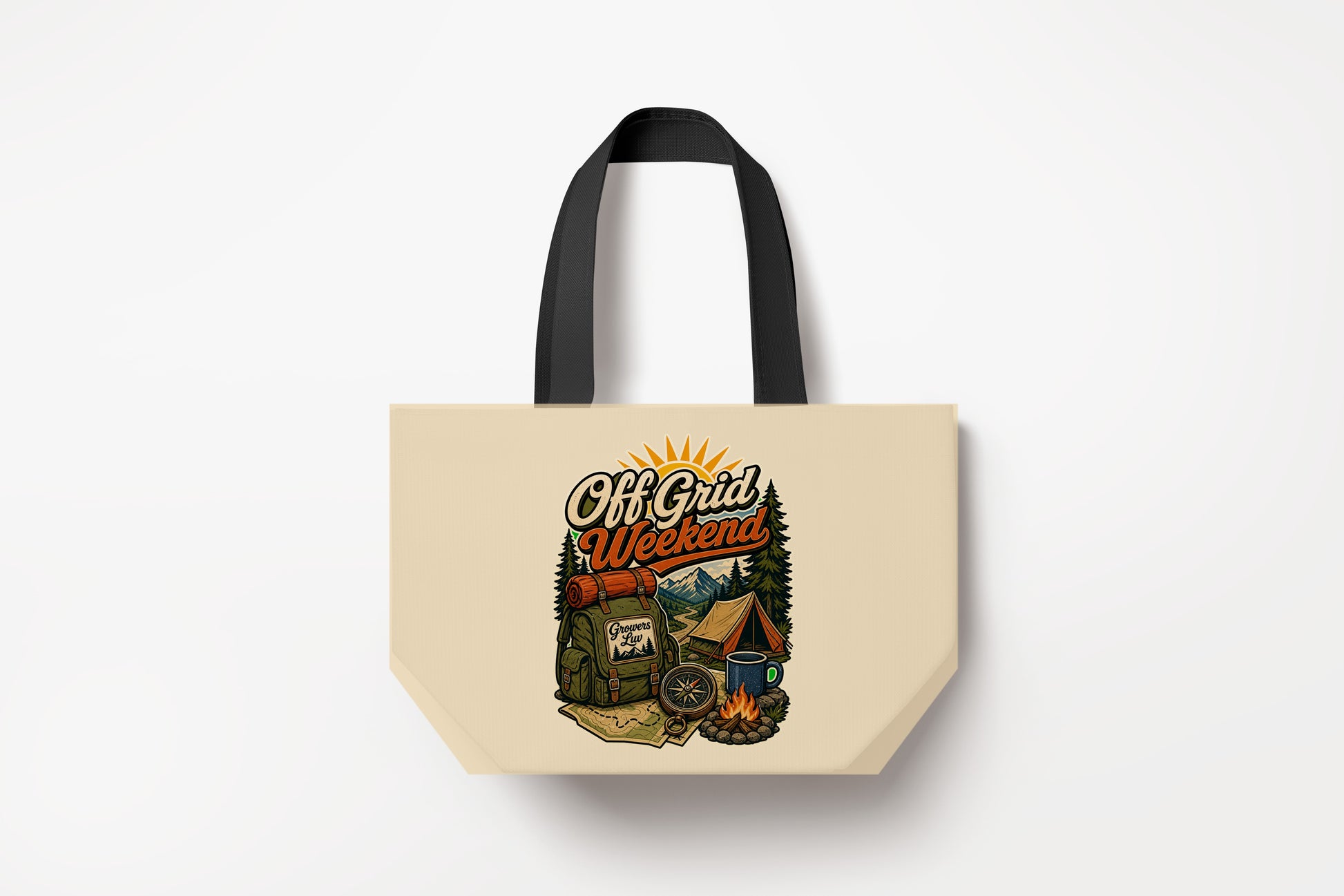 Off Grid Weekend Large Natural Tote Bag product mockup on natural tote bag