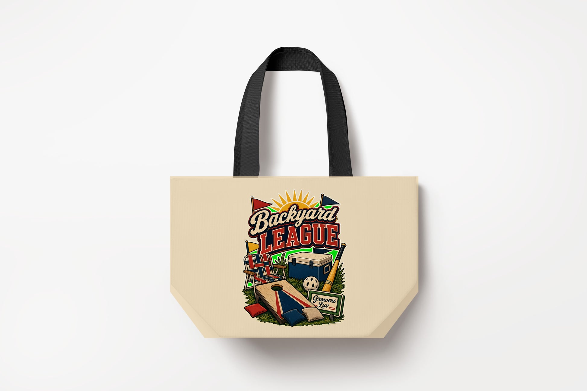 Backyard League Large Natural Tote Bag product mockup on natural tote bag