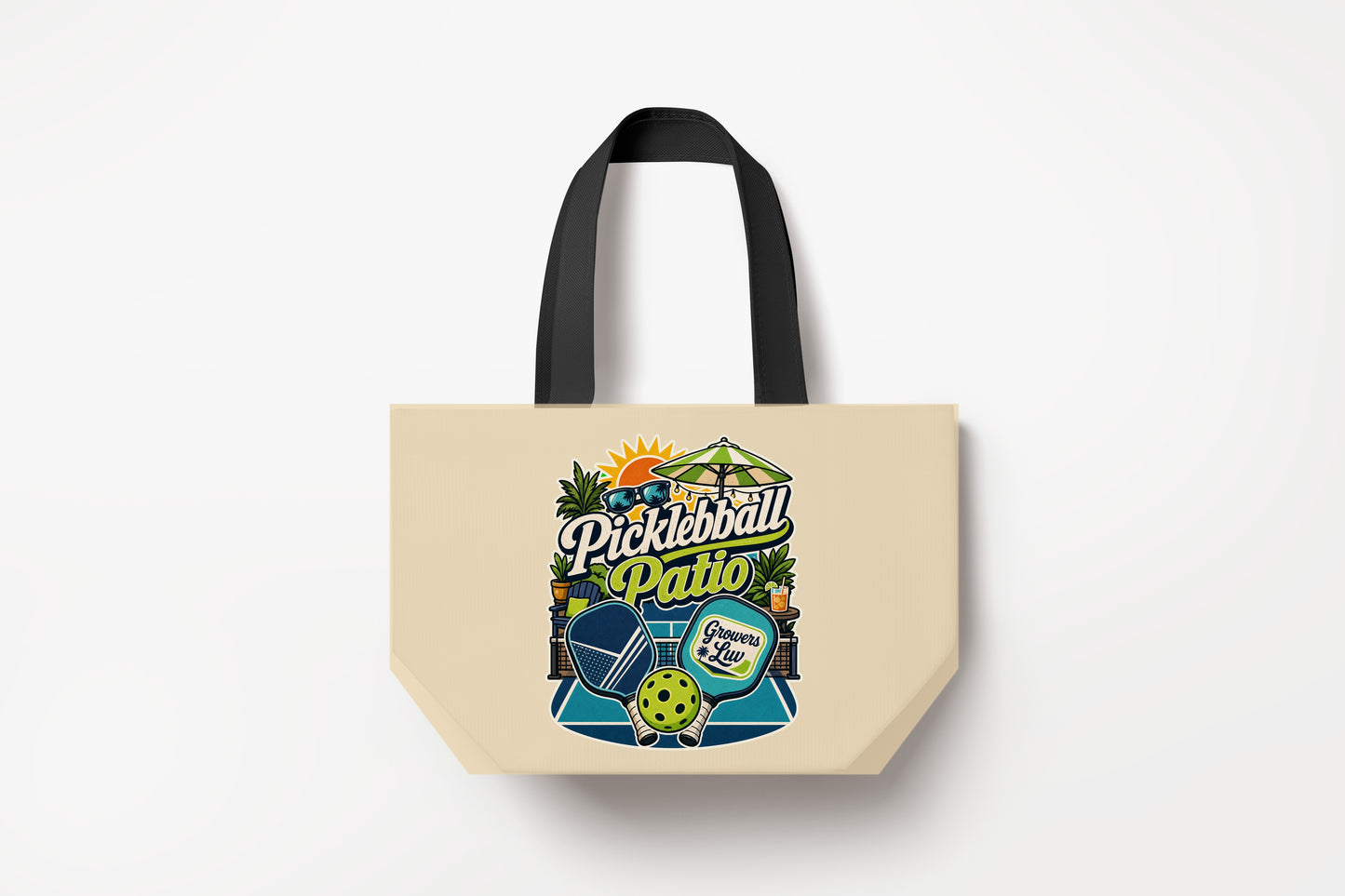 Pickleball Patio Large Natural Tote Bag product mockup on natural tote bag