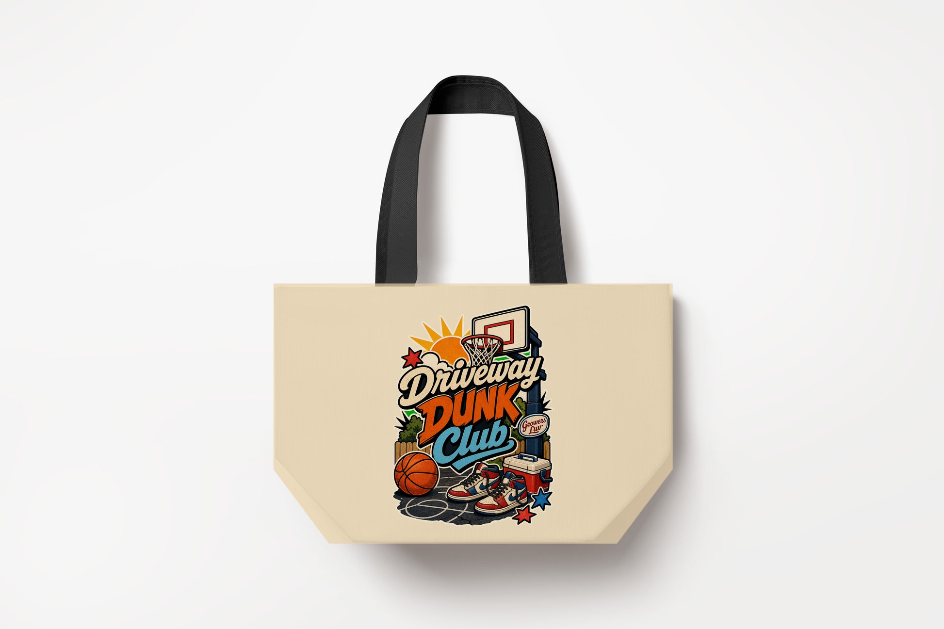 Driveway Dunk Club Large Natural Tote Bag product mockup on natural tote bag