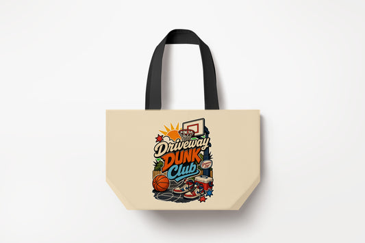 Driveway Dunk Club Large Natural Tote Bag product mockup on natural tote bag