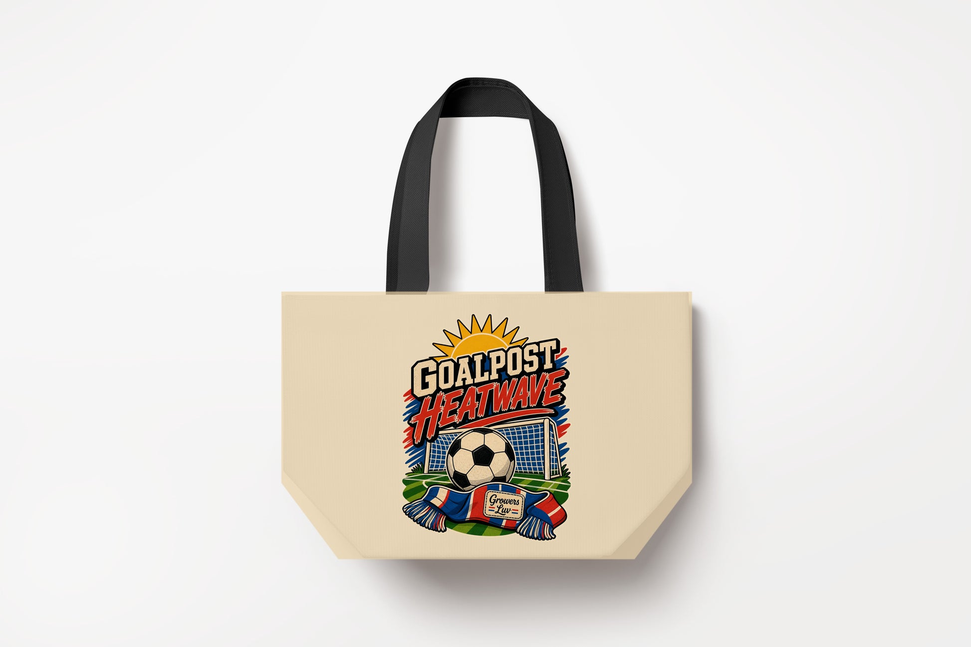 Goalpost Heatwave Large Natural Tote Bag product mockup on natural tote bag