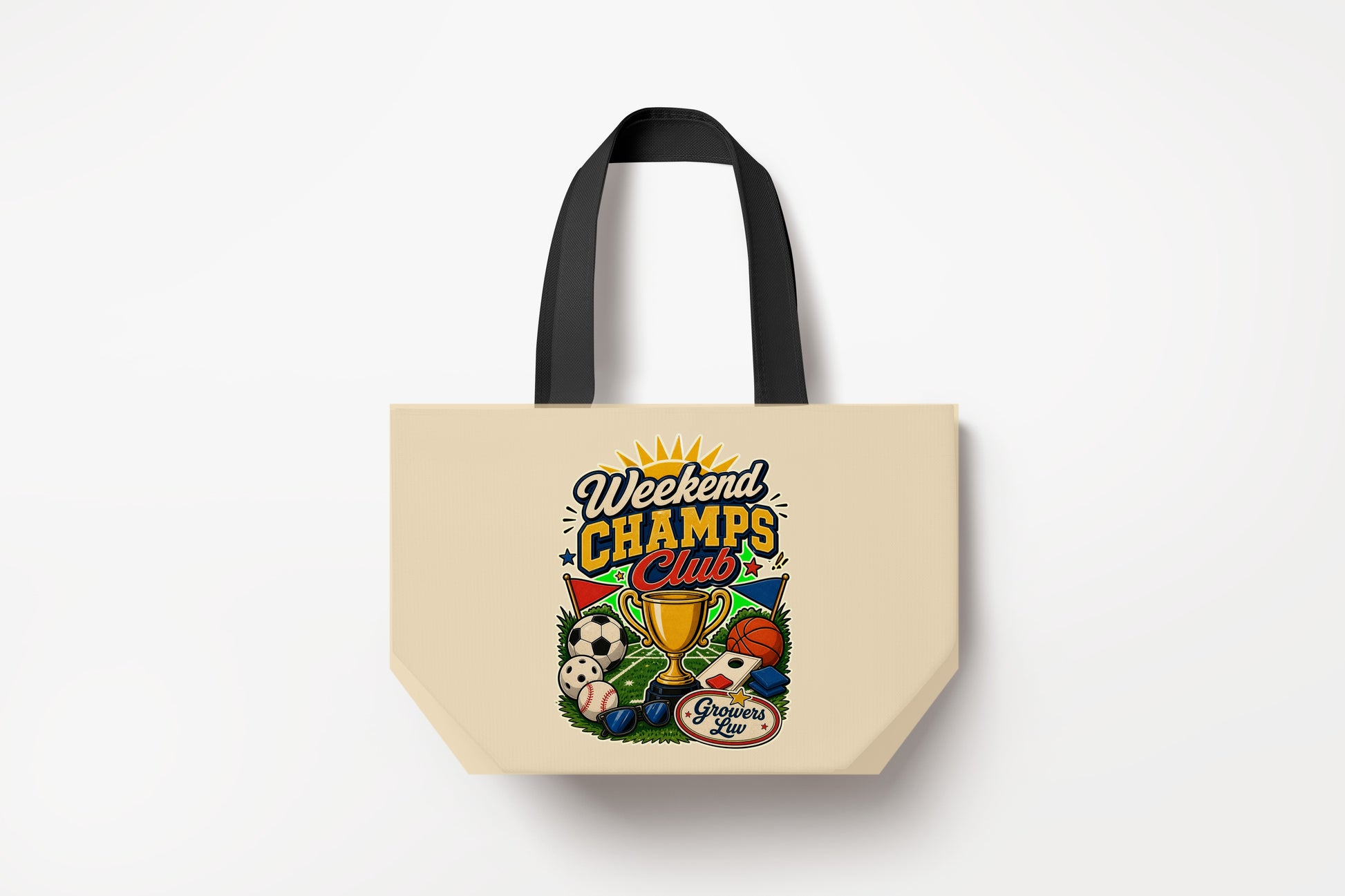 Weekend Champs Club Large Natural Tote Bag product mockup on natural tote bag