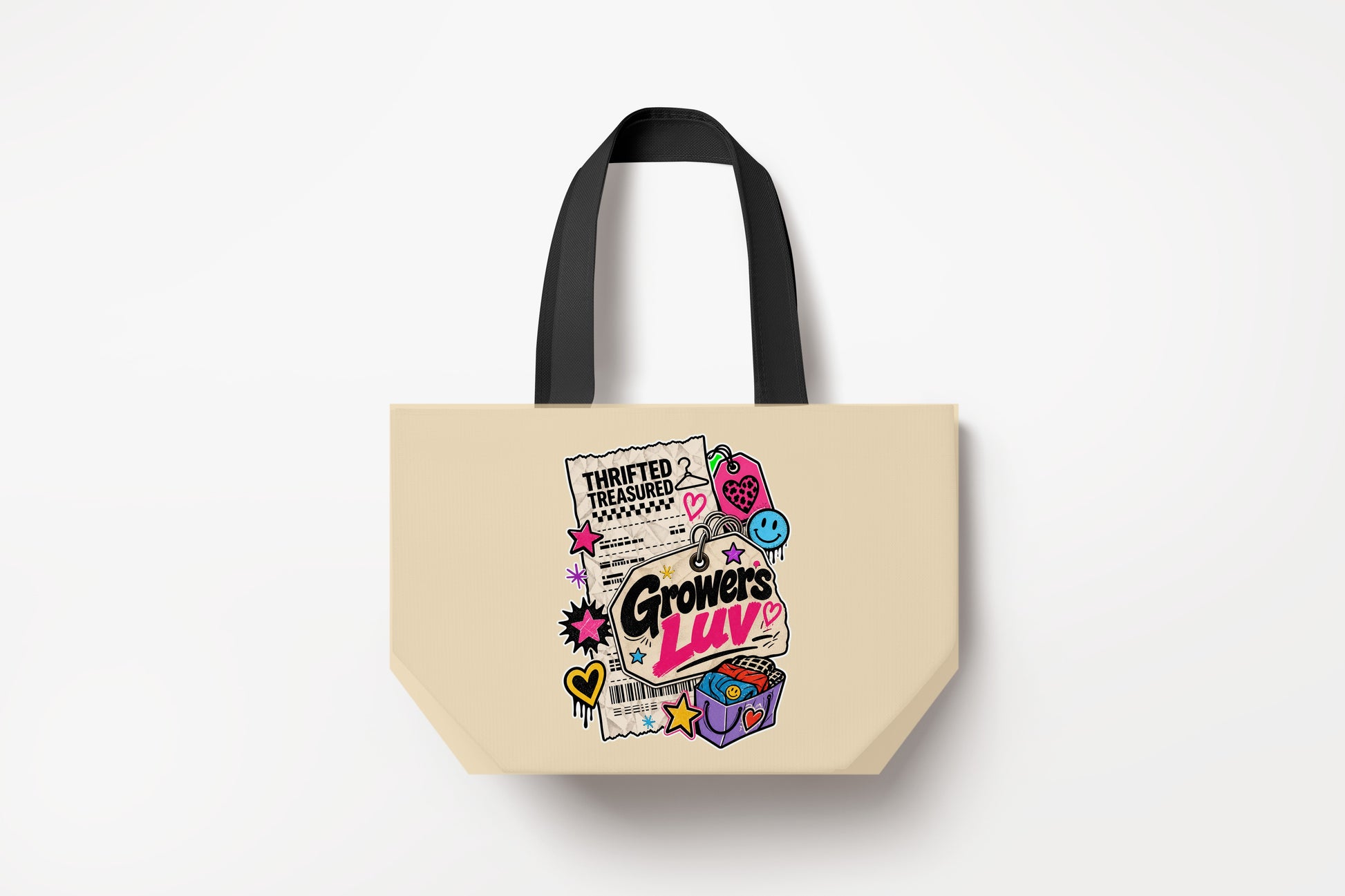 Thrift Haul Large Natural Tote Bag product mockup on natural tote bag