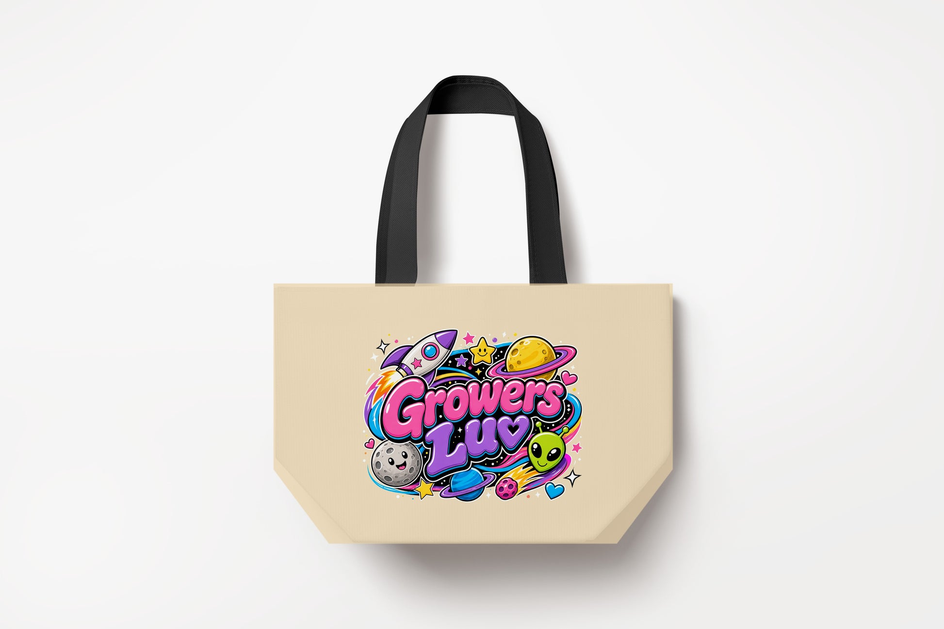 Space Club Large Natural Tote Bag product mockup on natural tote bag