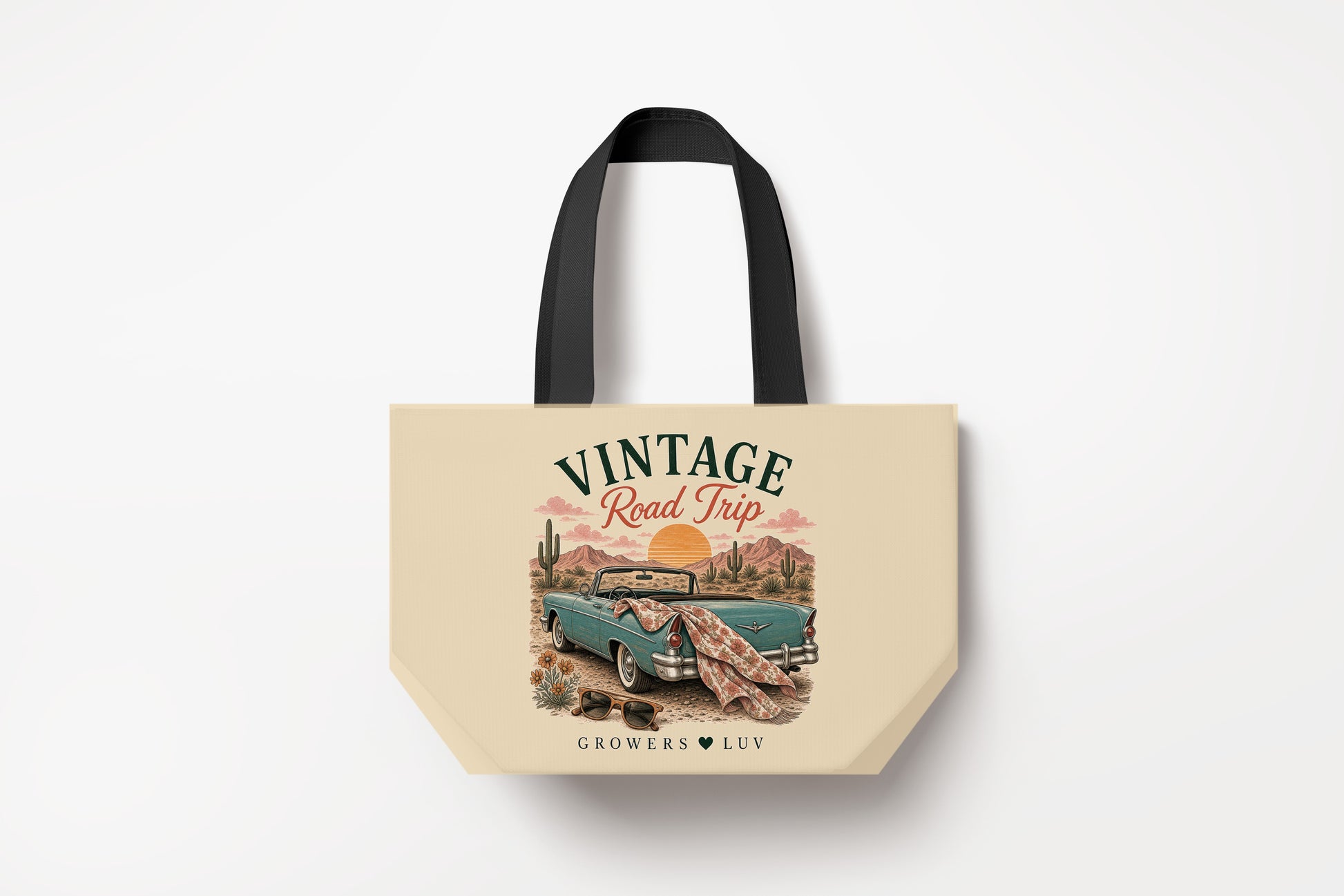 Vintage Road Trip Large Natural Tote Bag product mockup on natural tote bag