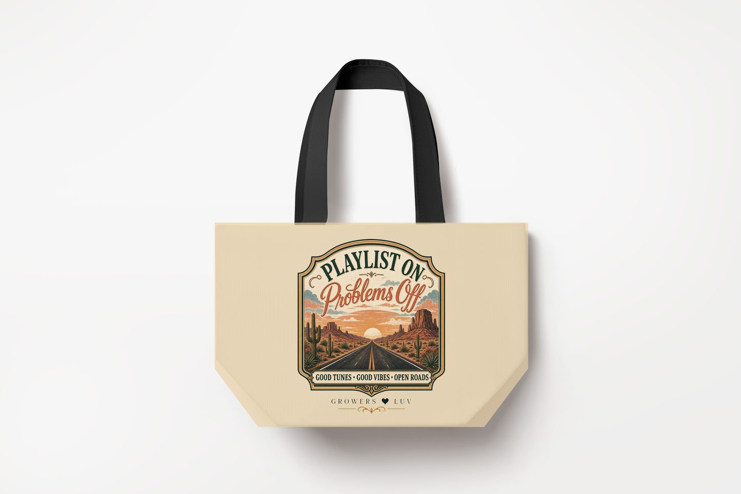 Playlist On Problems Off Large Natural Tote Bag product mockup on natural tote bag