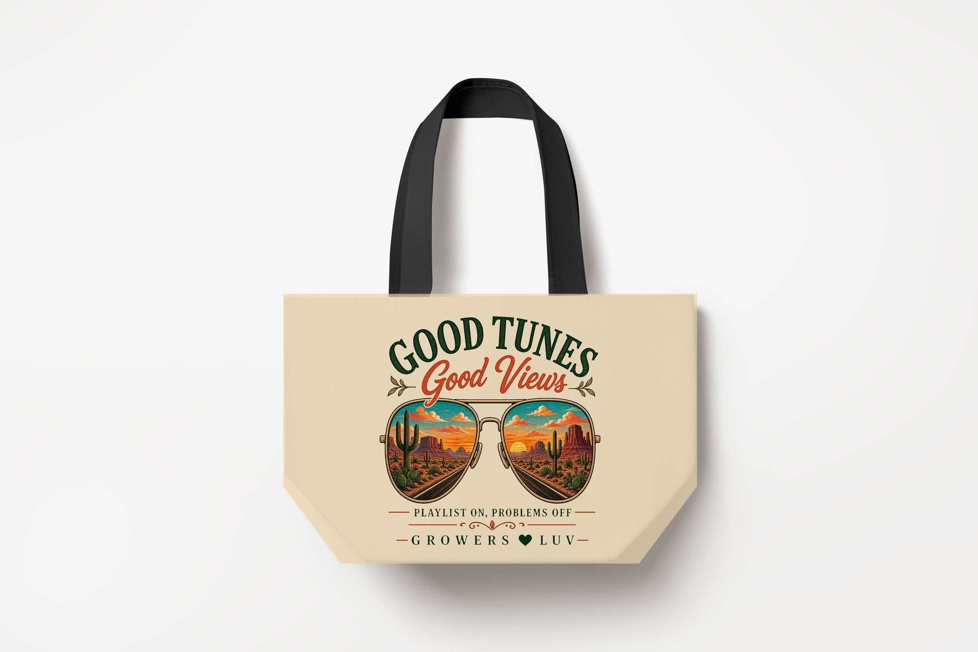 Good Tunes Good Views Large Natural Tote Bag product mockup on natural tote bag