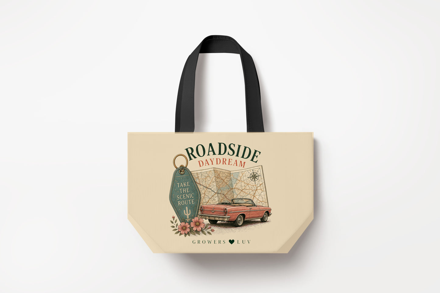 Roadside Daydream Large Natural Tote Bag product mockup on natural tote bag