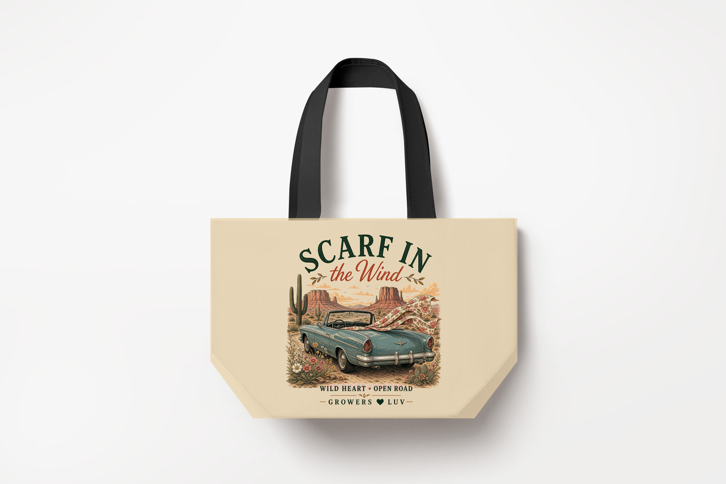 Scarf In The Wind Large Natural Tote Bag product mockup on natural tote bag