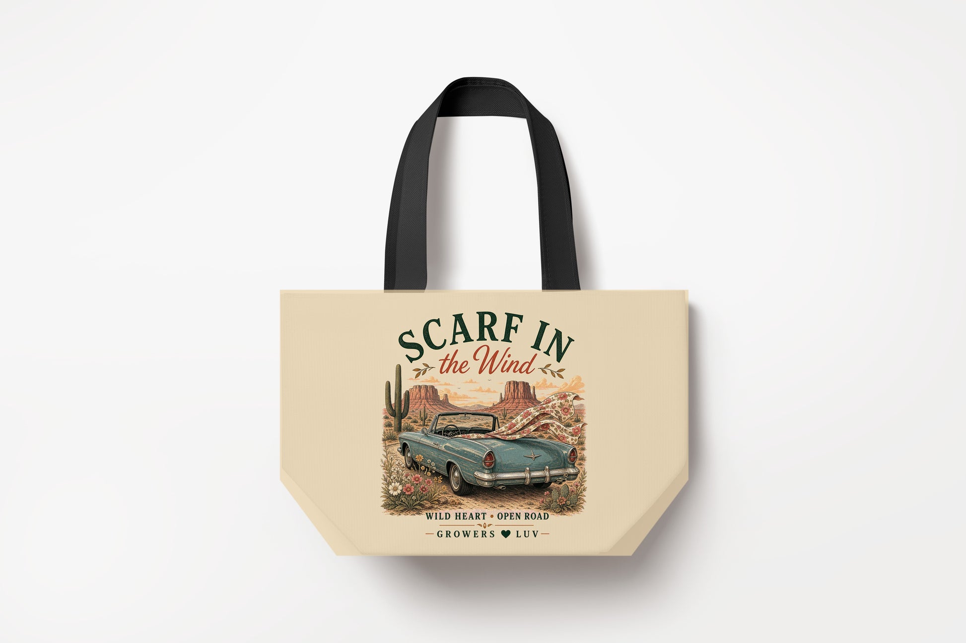 Scarf In The Wind Large Natural Tote Bag product mockup on natural tote bag