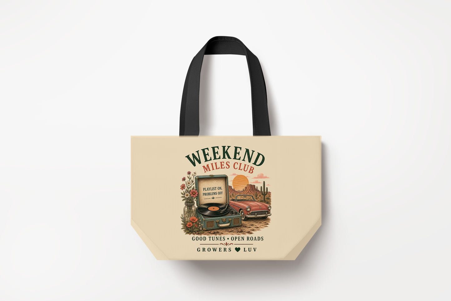 Weekend Miles Club Large Natural Tote Bag product mockup on natural tote bag