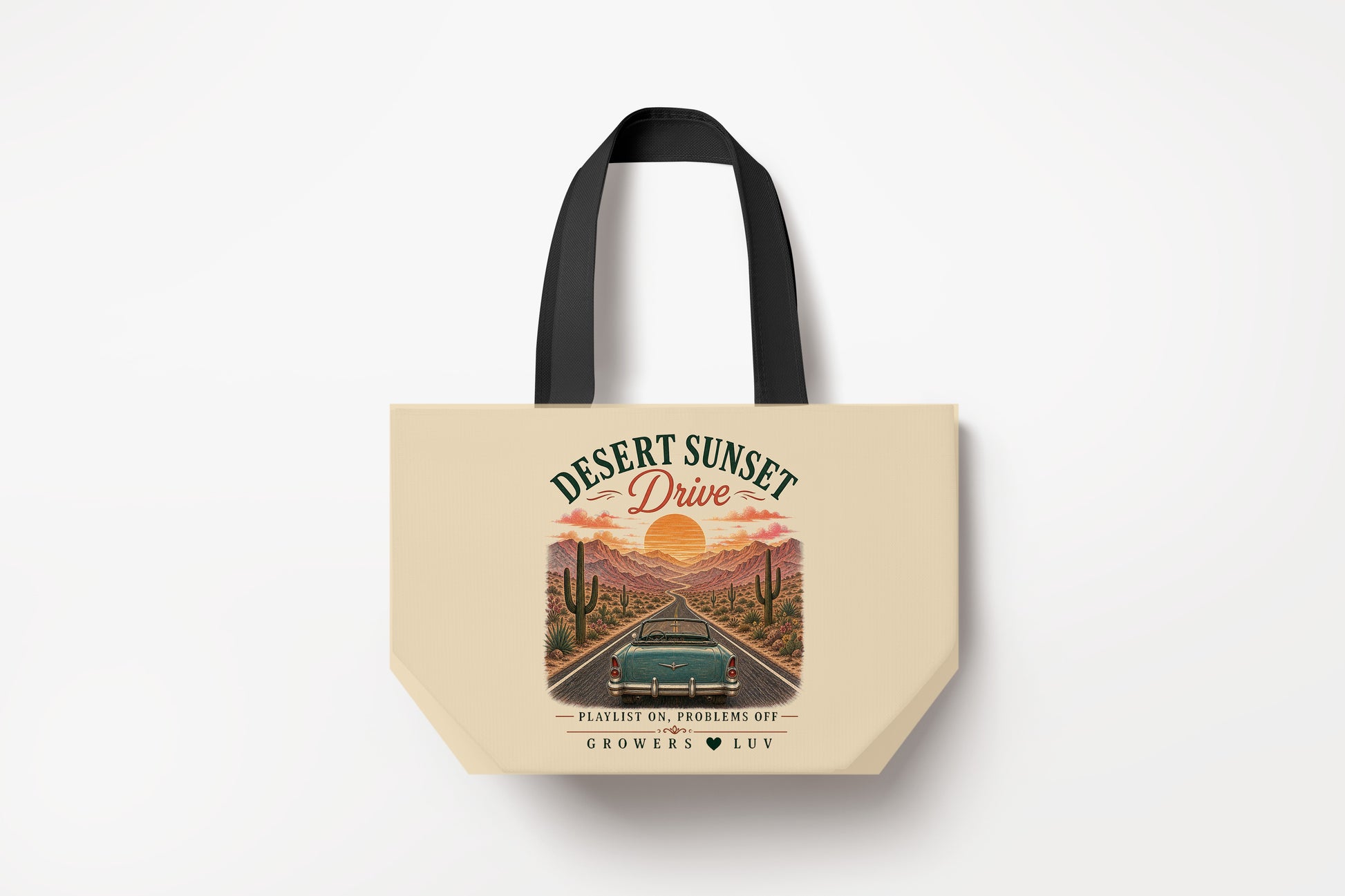 Desert Sunset Drive Large Natural Tote Bag product mockup on natural tote bag
