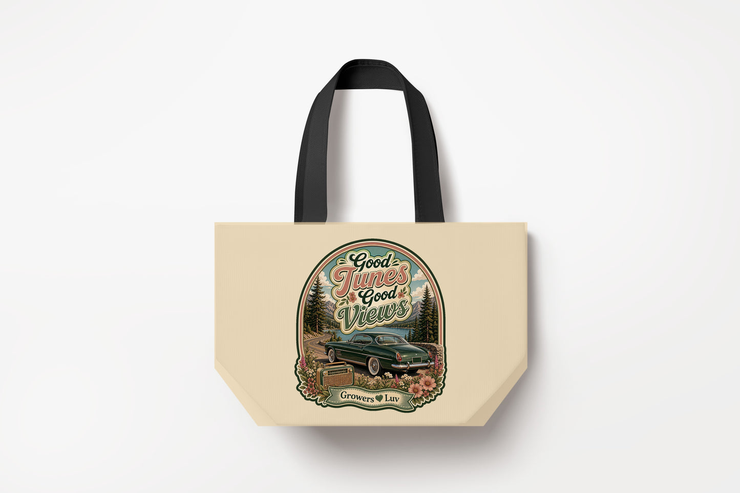 Good Tunes Good Views Large Natural Tote Bag product mockup on natural tote bag