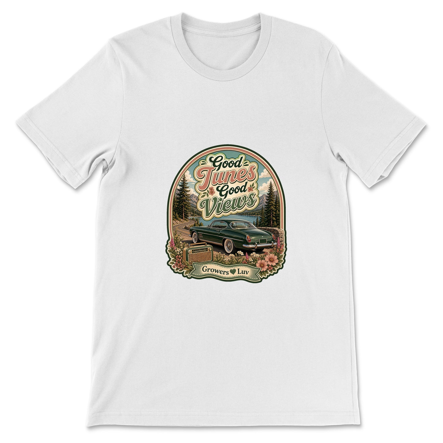 Good Tunes Good Views Women's Bella Canvas Graphic Tee in White