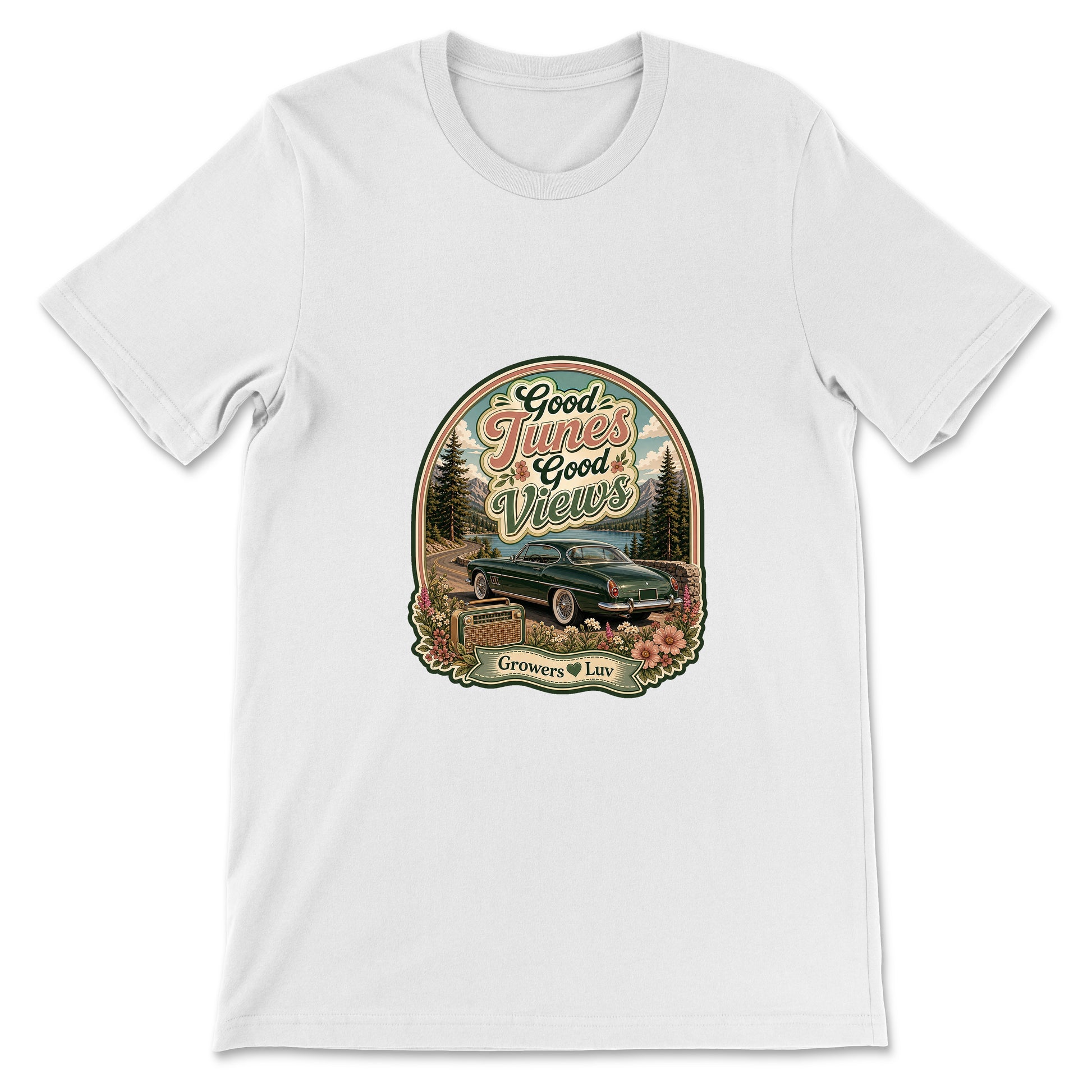 Good Tunes Good Views Women's Bella Canvas Graphic Tee in White