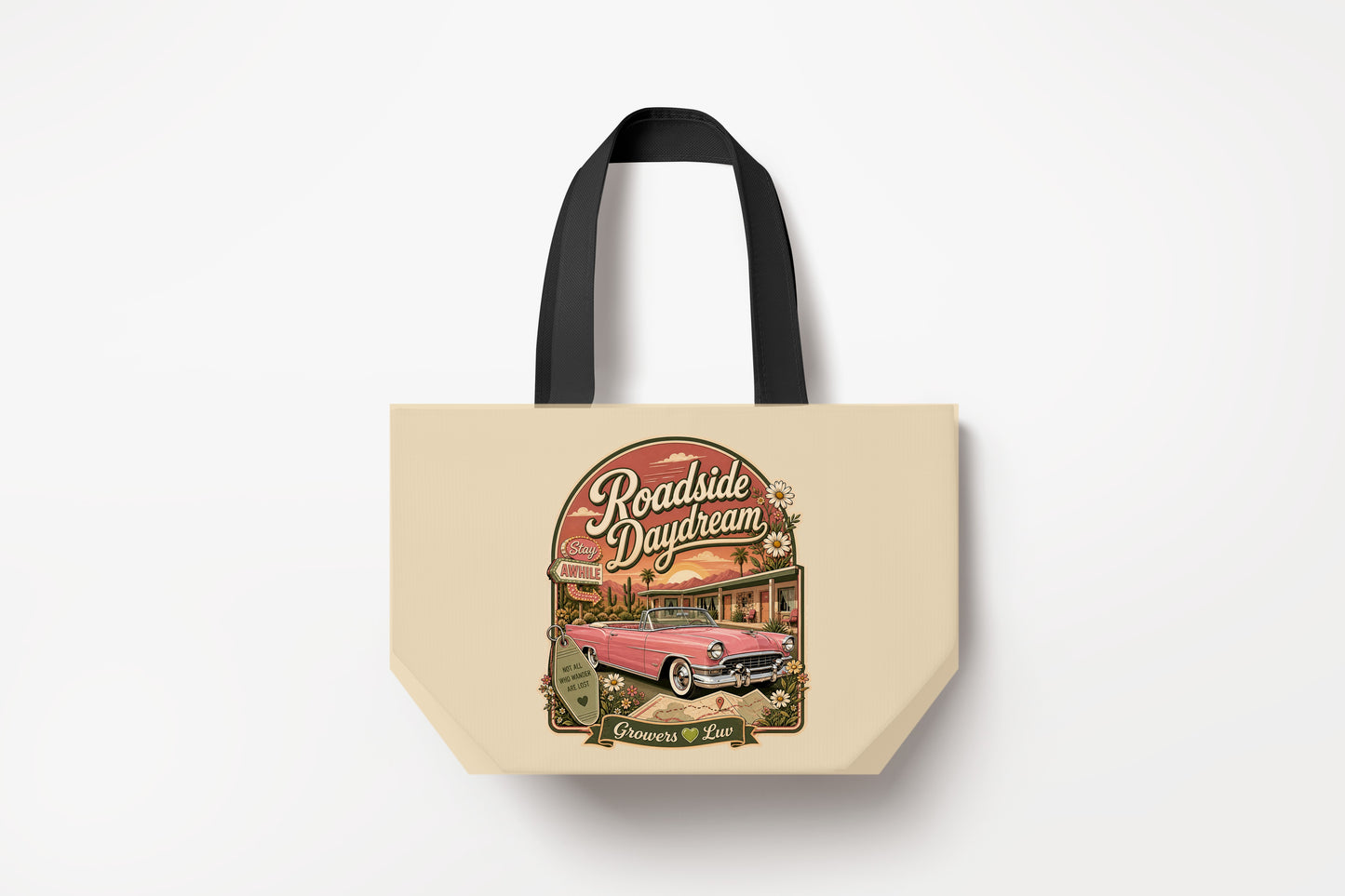 Roadside Daydream Large Natural Tote Bag product mockup on natural tote bag