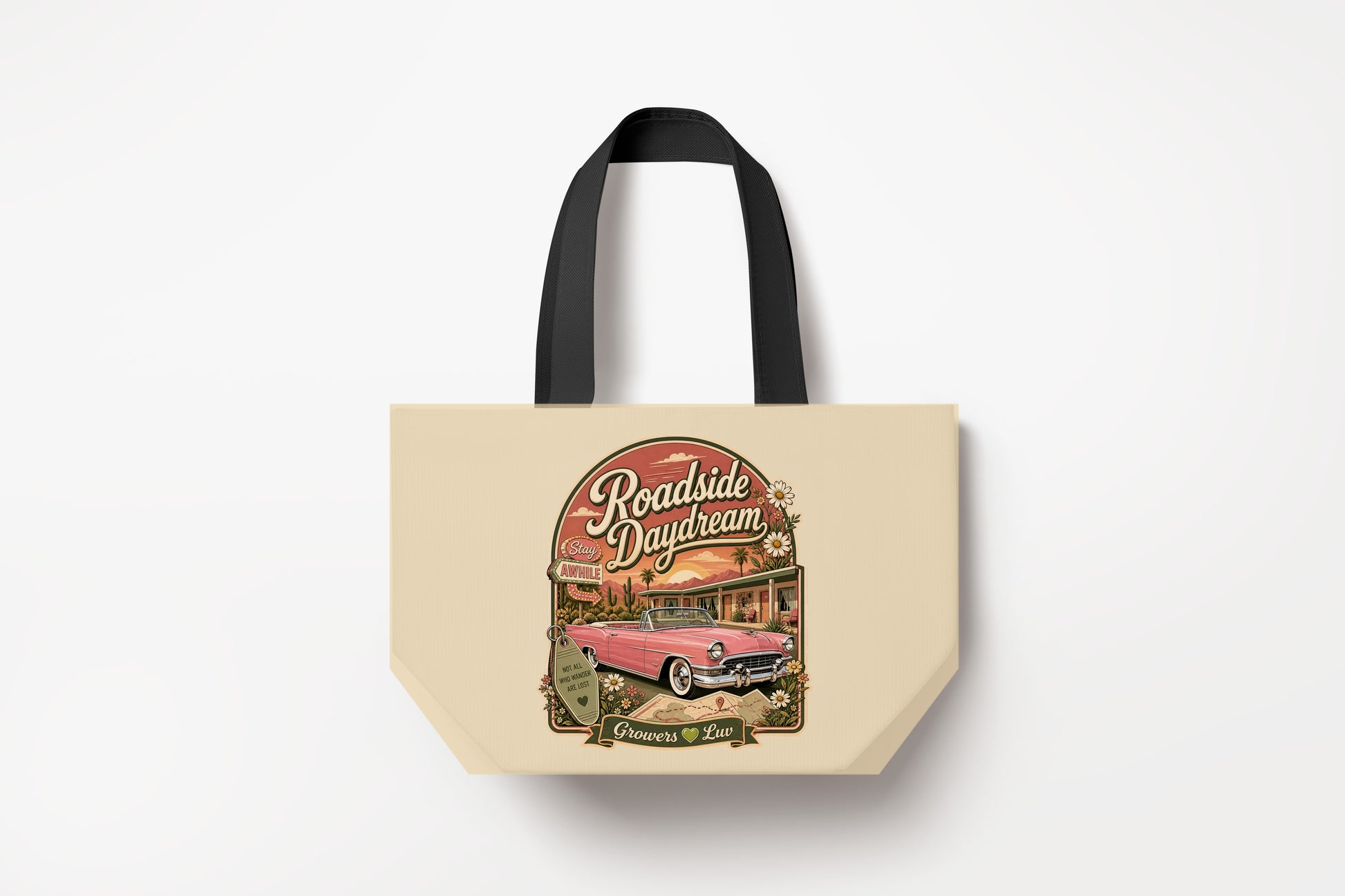 Roadside Daydream Large Natural Tote Bag product mockup on natural tote bag