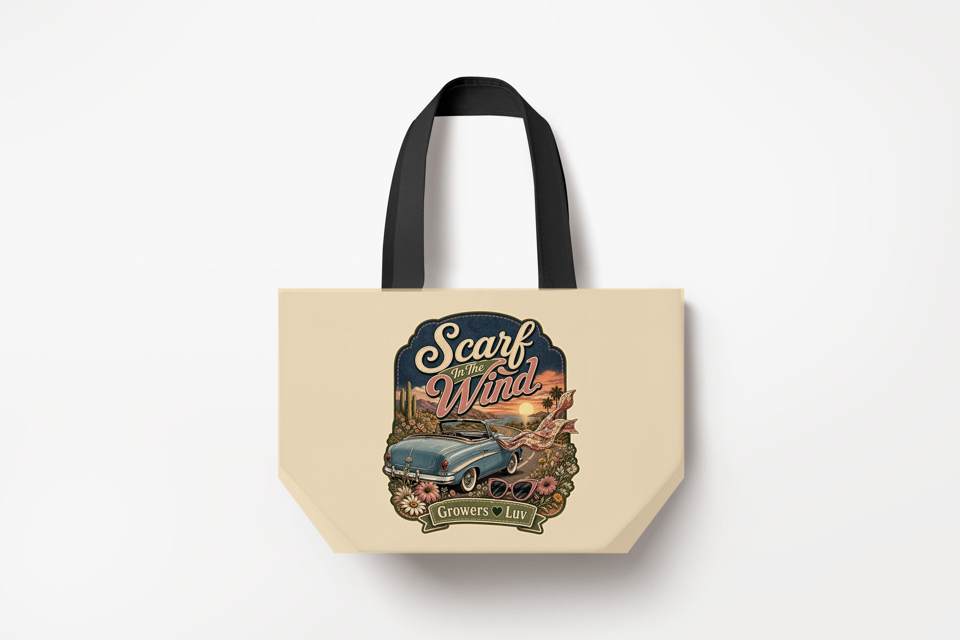 Scarf In The Wind Large Natural Tote Bag product mockup on natural tote bag