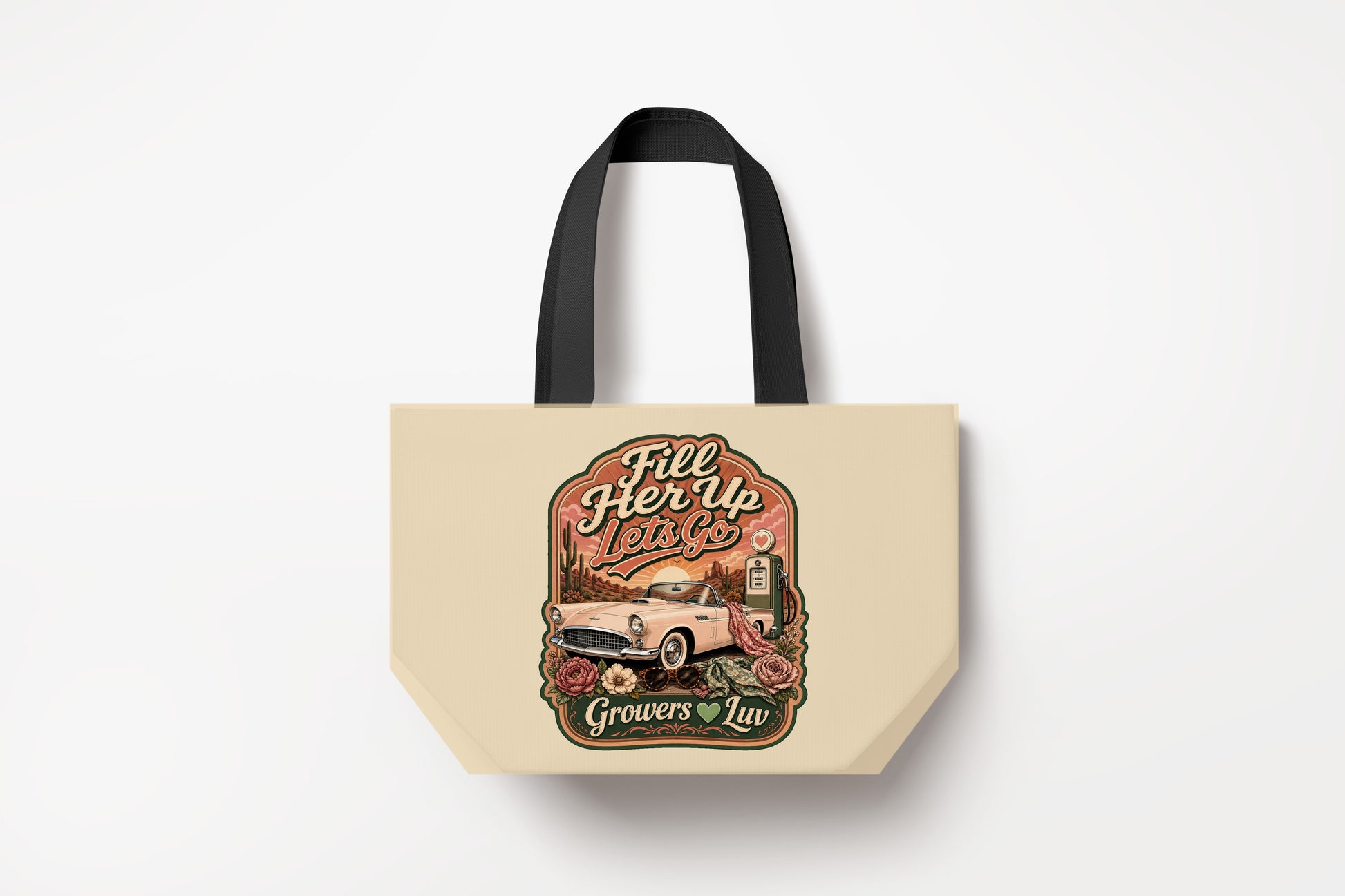 Fill Her Up Lets Go Large Natural Tote Bag product mockup on natural tote bag