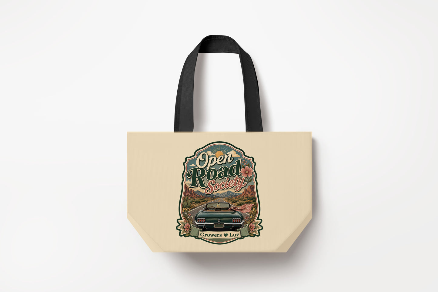 Open Road Society Large Natural Tote Bag product mockup on natural tote bag