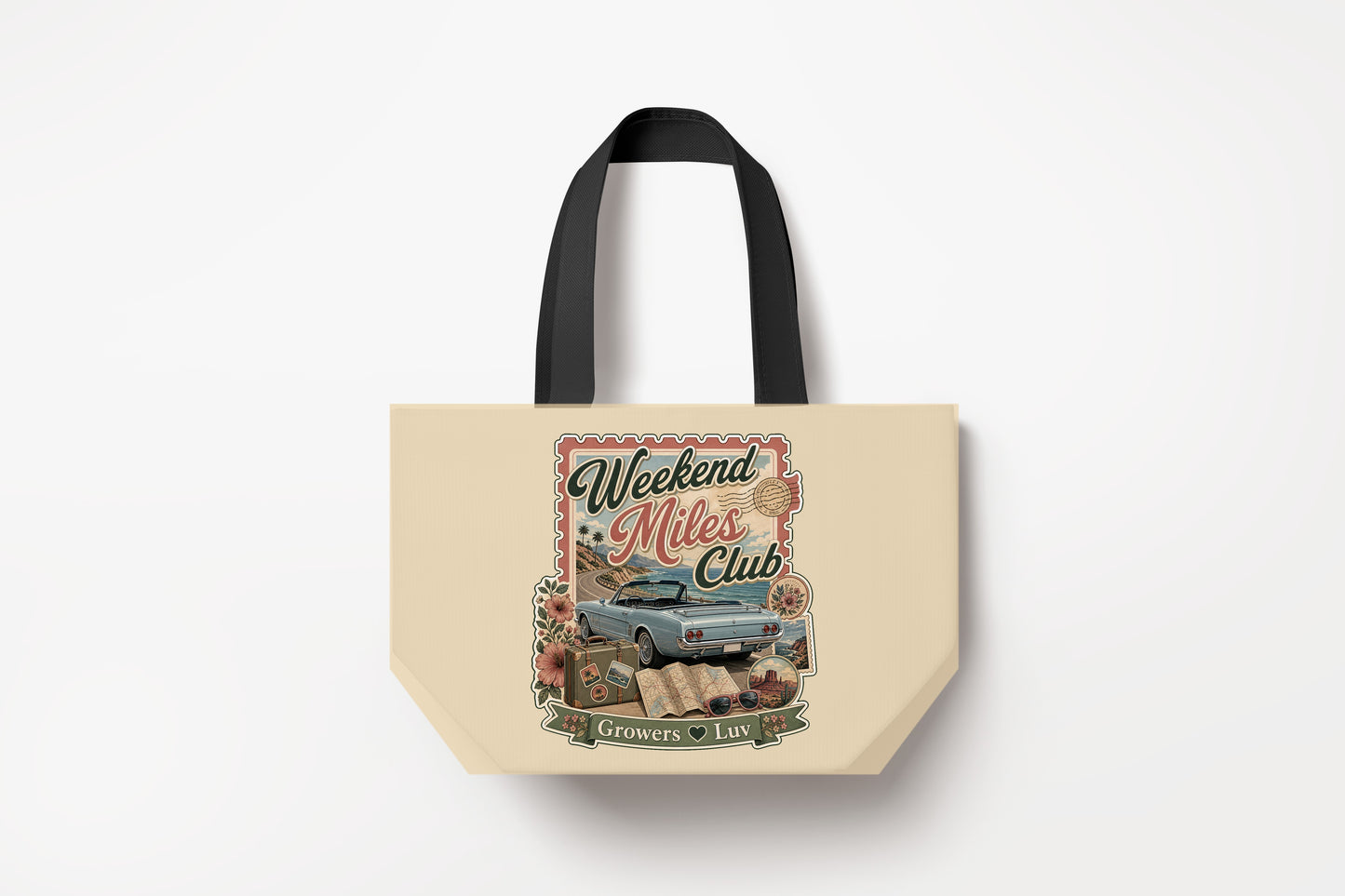 Weekend Miles Club Large Natural Tote Bag product mockup on natural tote bag