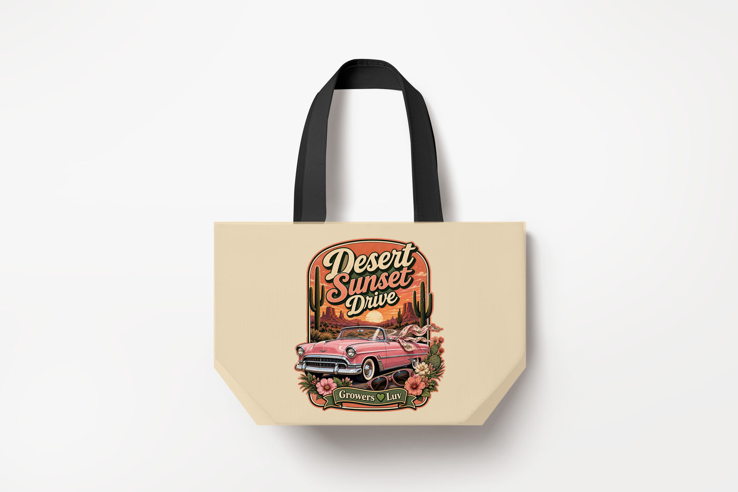 Desert Sunset Drive Large Natural Tote Bag product mockup on natural tote bag