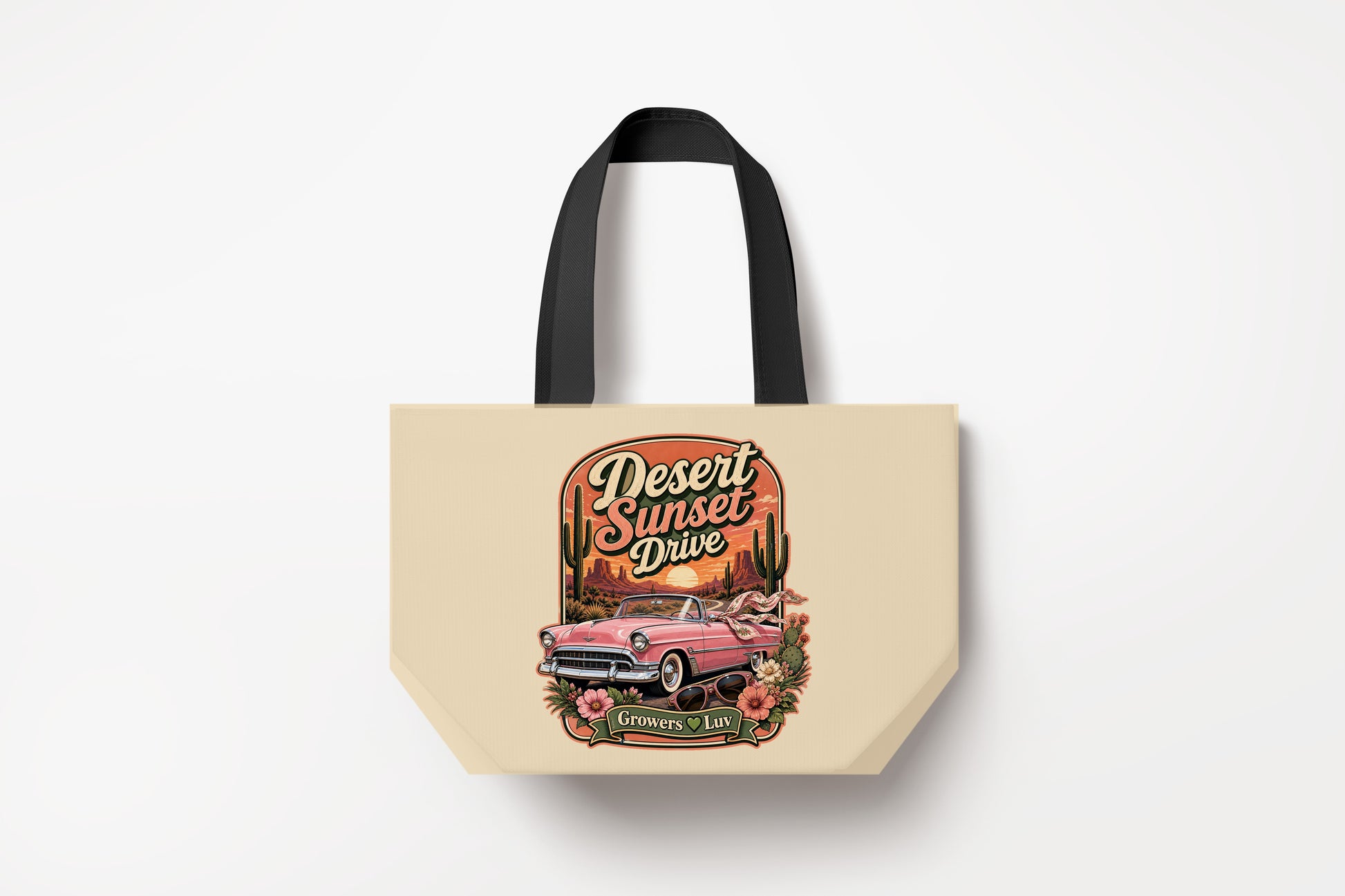Desert Sunset Drive Large Natural Tote Bag product mockup on natural tote bag