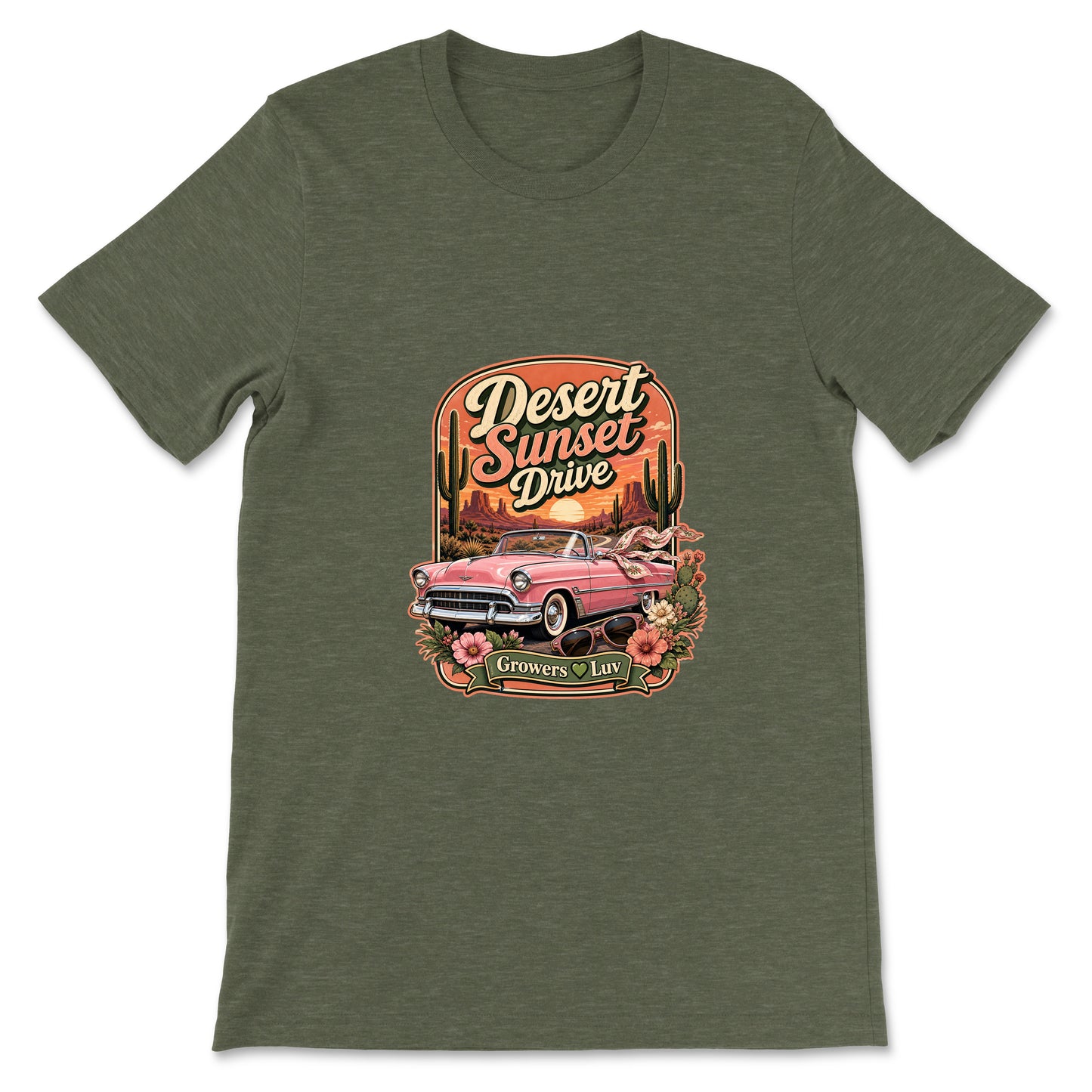 Desert Sunset Drive Women's Bella Canvas Graphic Tee in Heather Military Green