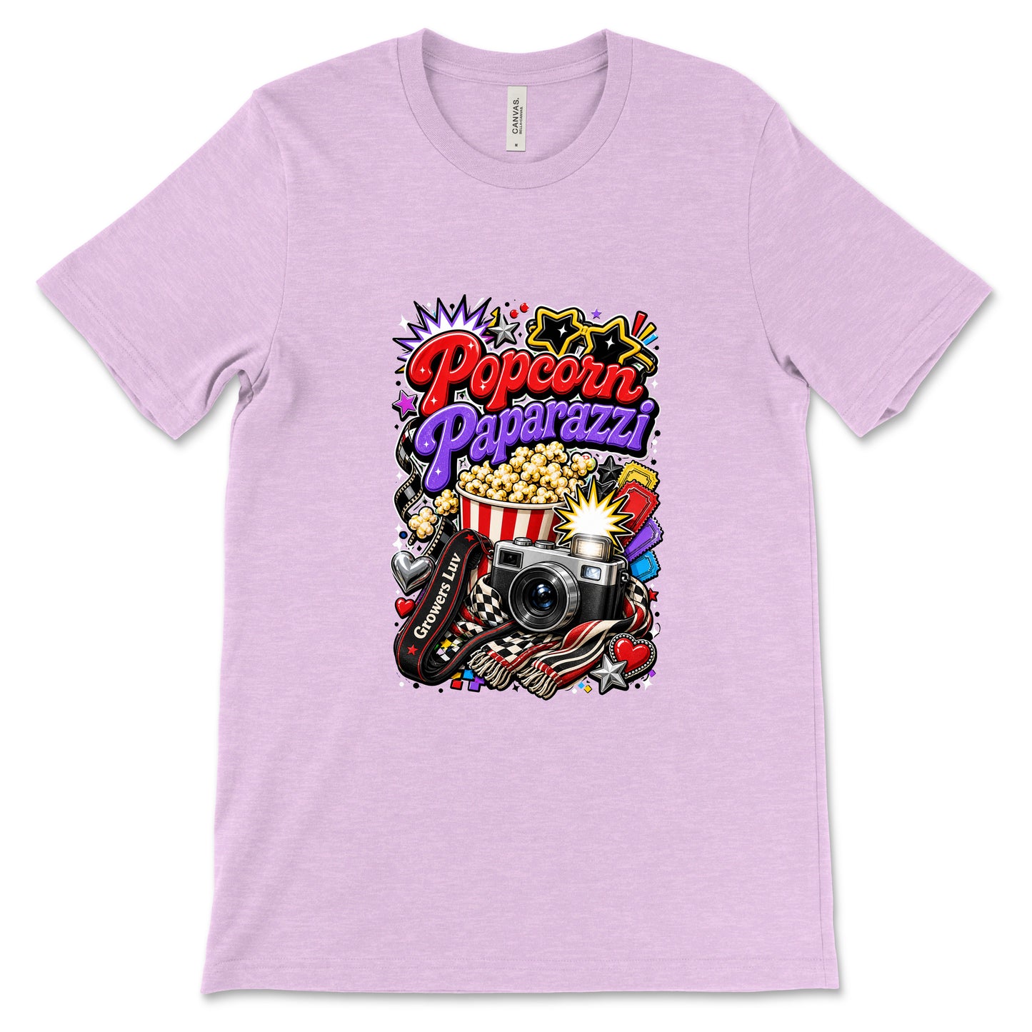 Popcorn Paparazzi Women's Bella Canvas Graphic Tee in Heather Prism Lilac