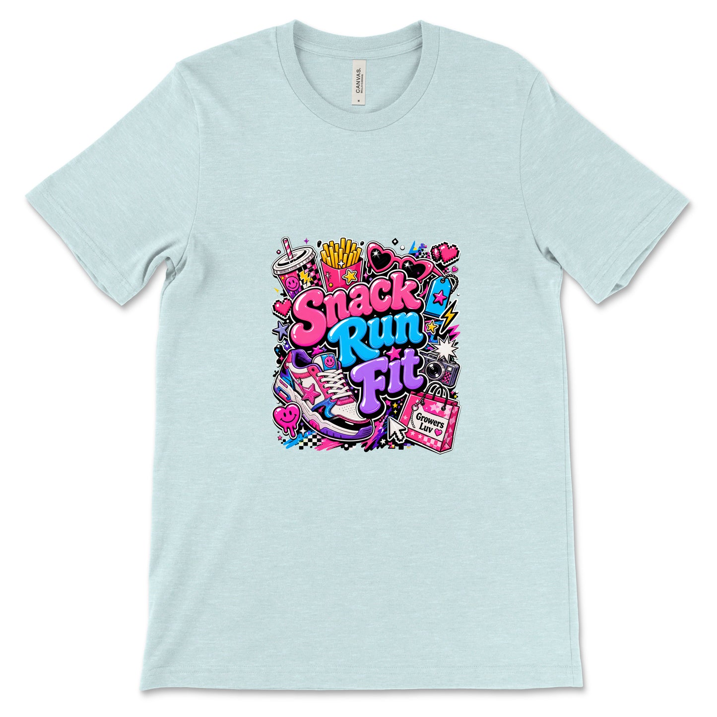 Snack Run Fit Women's Bella Canvas Graphic Tee in Heather Ice Blue