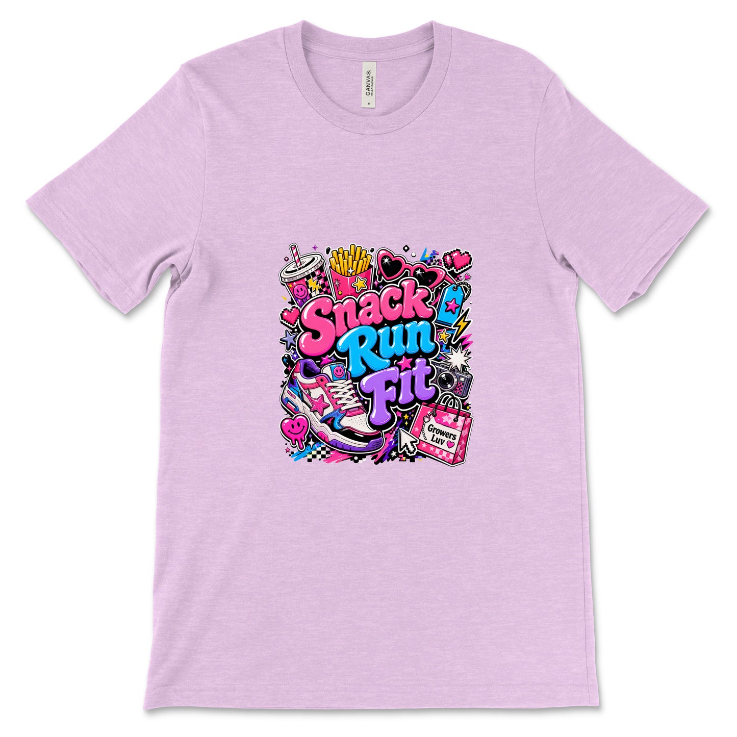 Snack Run Fit Women's Bella Canvas Graphic Tee in Heather Prism Lilac