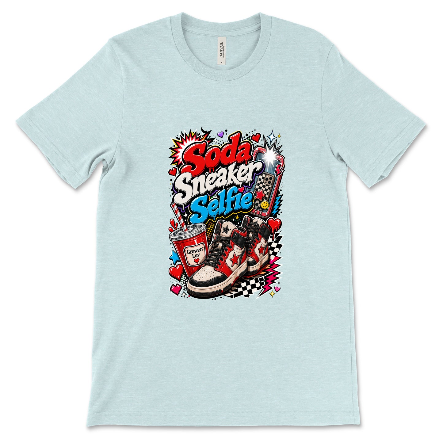 Soda Sneaker Selfie Women's Bella Canvas Graphic Tee in Heather Ice Blue
